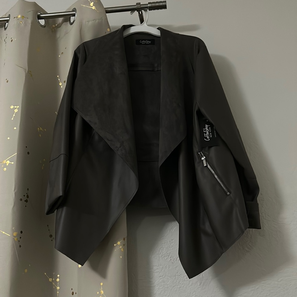 Grey faux leather handkerchief open jacket